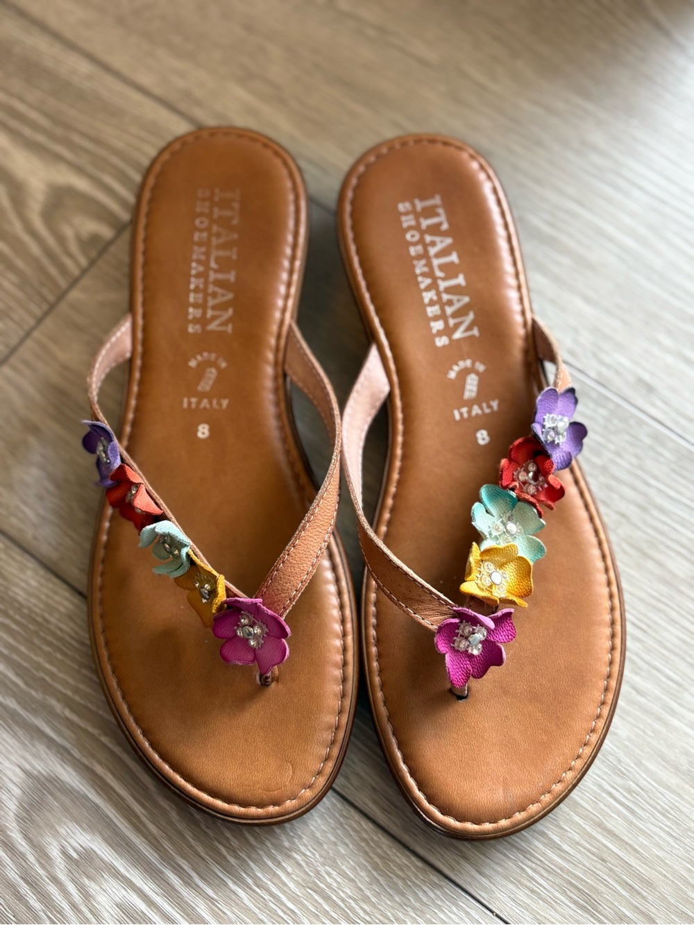 Italian Shoemakers Tan Leather Floral Thong Sandals with Multicolor Flowers